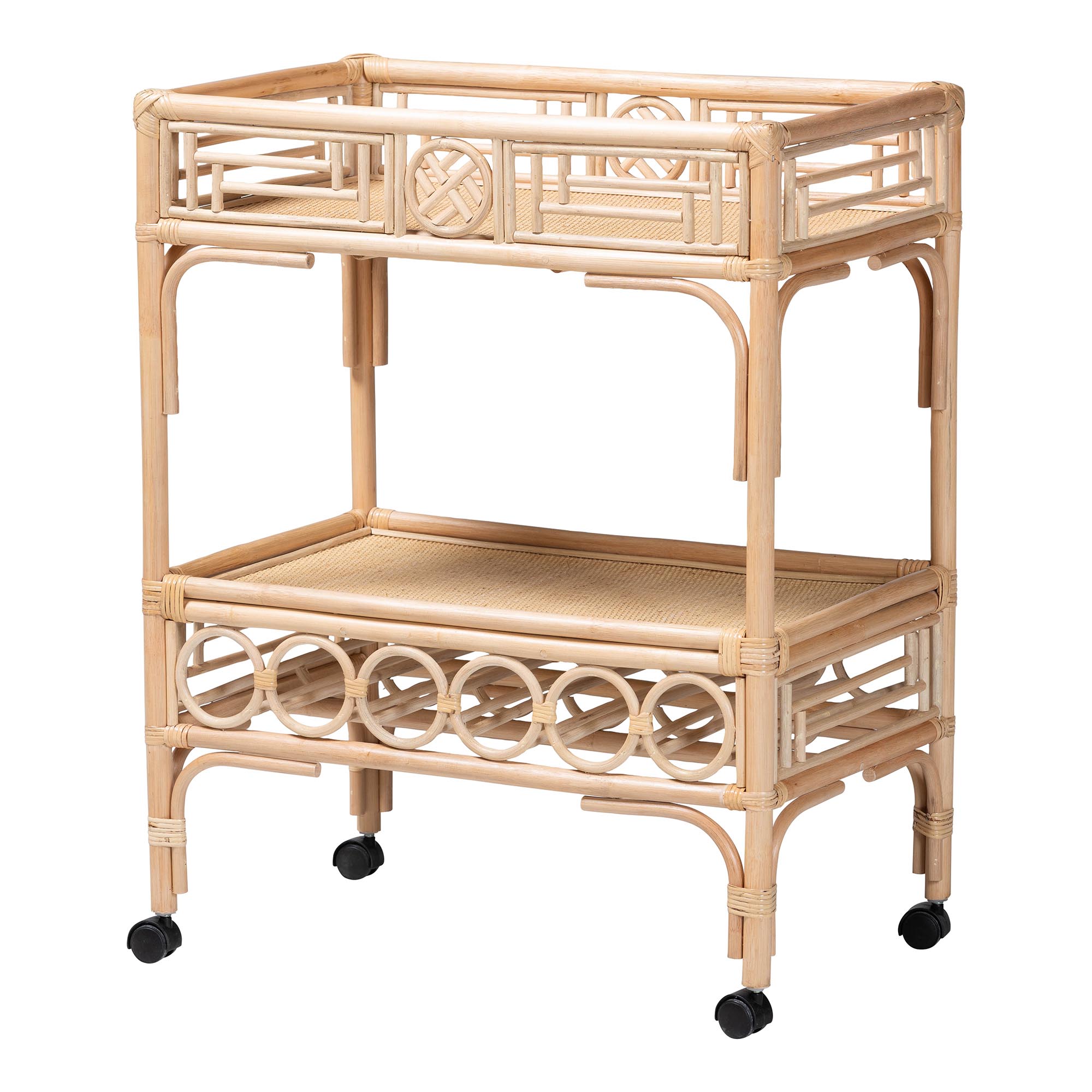 bali & pari Molina Natural Rattan Wine Cart - 2-Tier Beverage Trolley with Wheel and Bottle Holders, Tropical Coastal Style Furniture